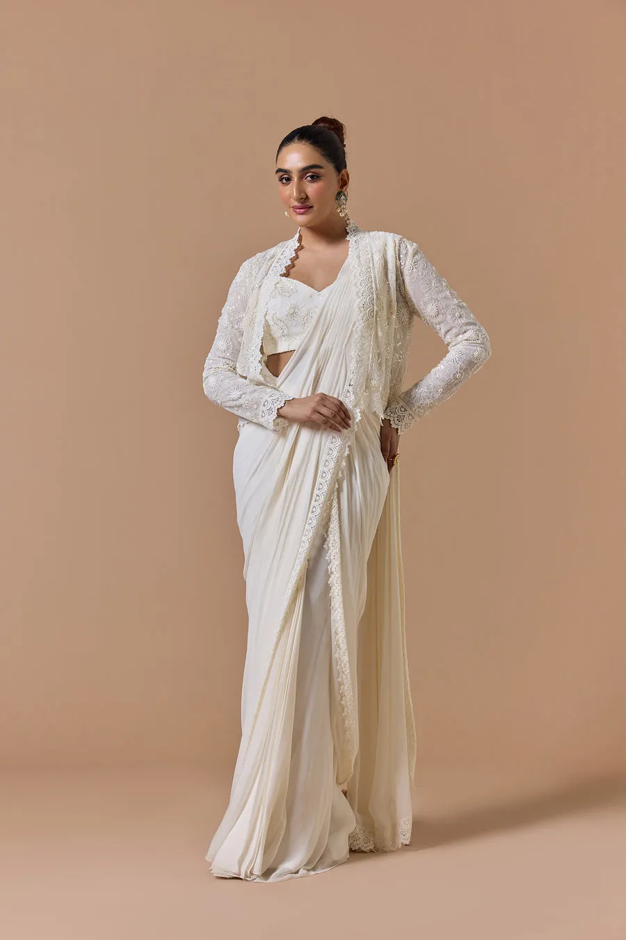 Ivory Lace-Trimmed Draped Sari with Jacket