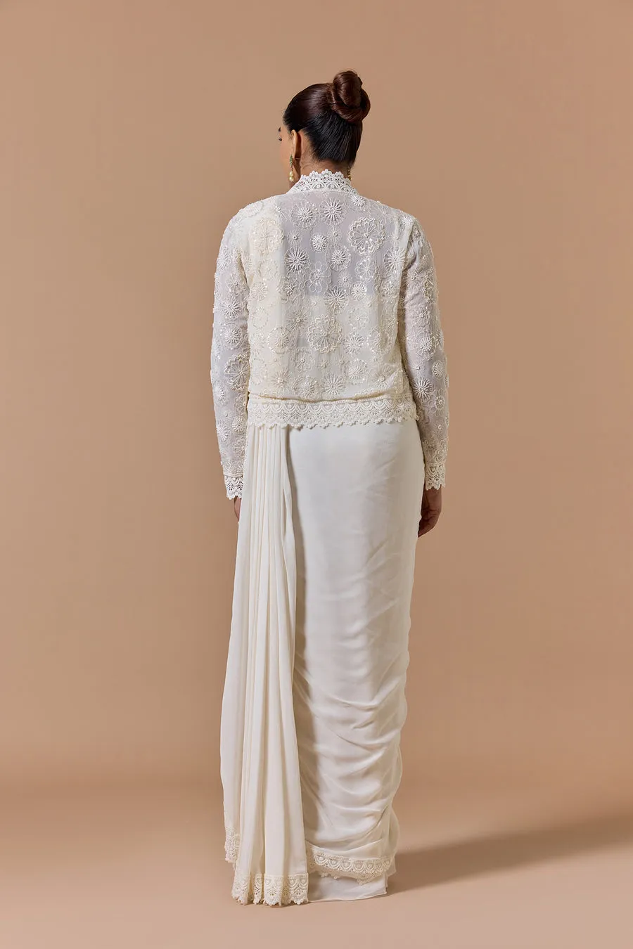 Ivory Lace-Trimmed Draped Sari with Jacket