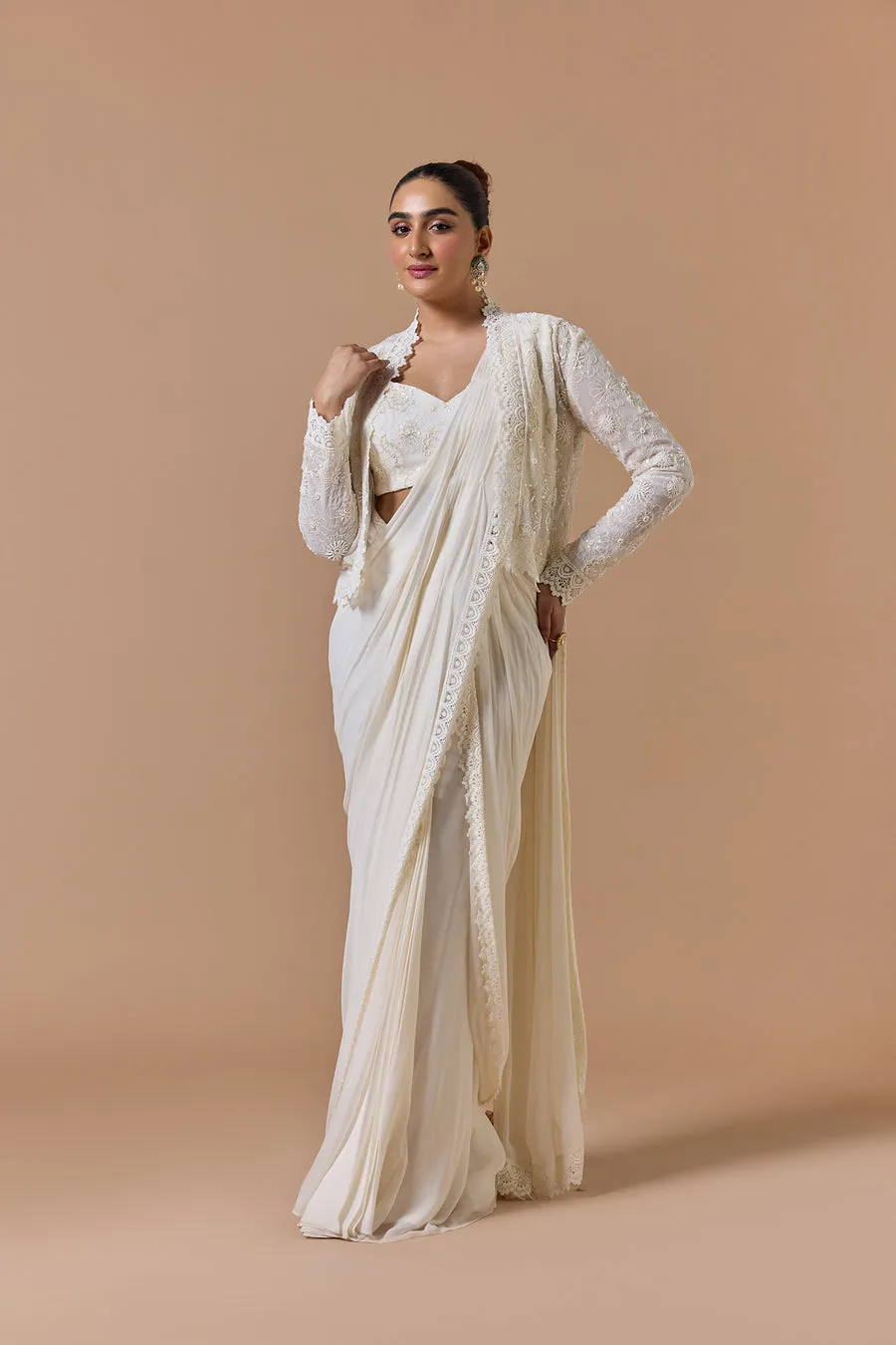 Ivory Lace-Trimmed Draped Sari with Jacket