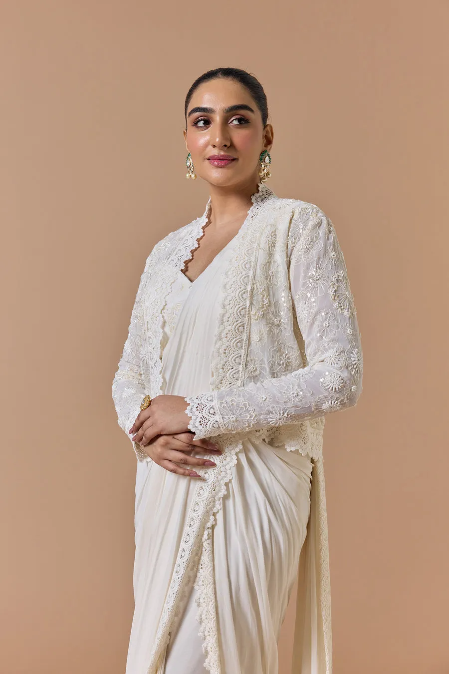 Ivory Lace-Trimmed Draped Sari with Jacket