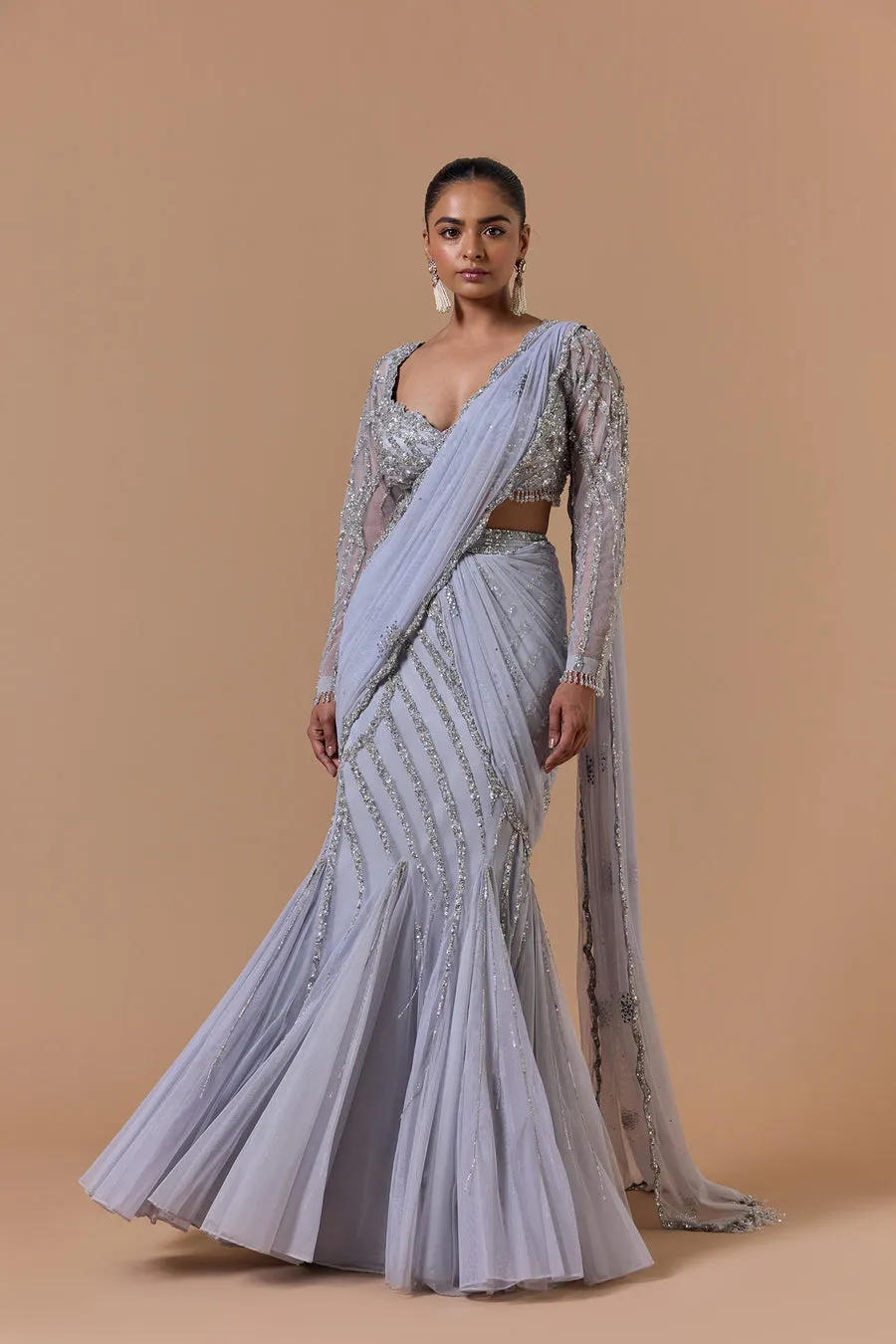 Silver Grey Embellished Pre-Draped Sari