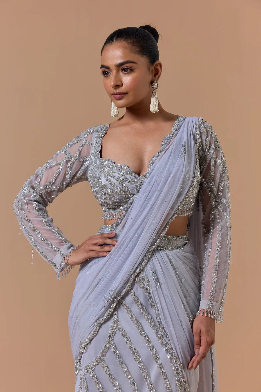 Silver Grey Embellished Pre-Draped Sari
