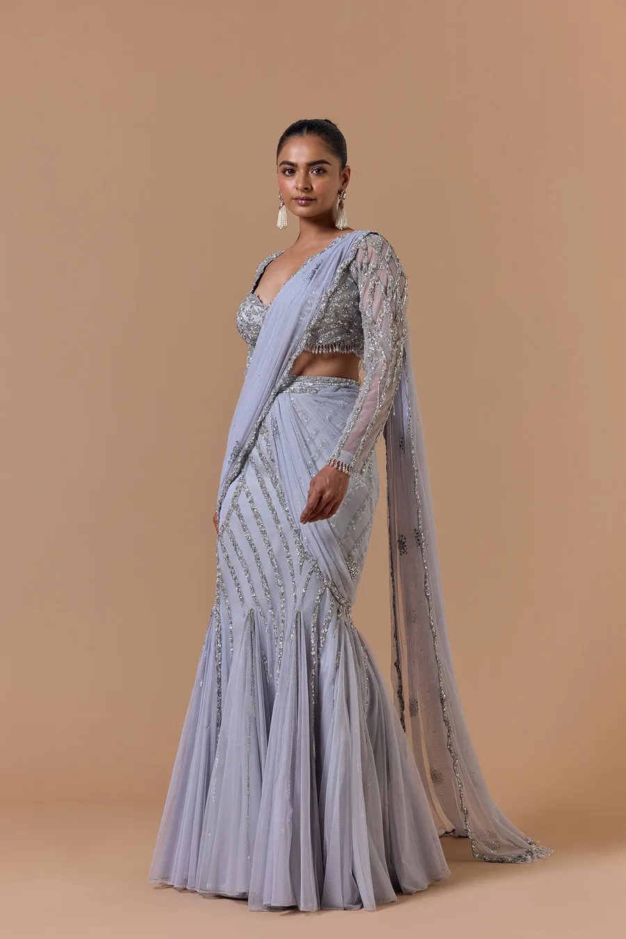 Silver Grey Embellished Pre-Draped Sari