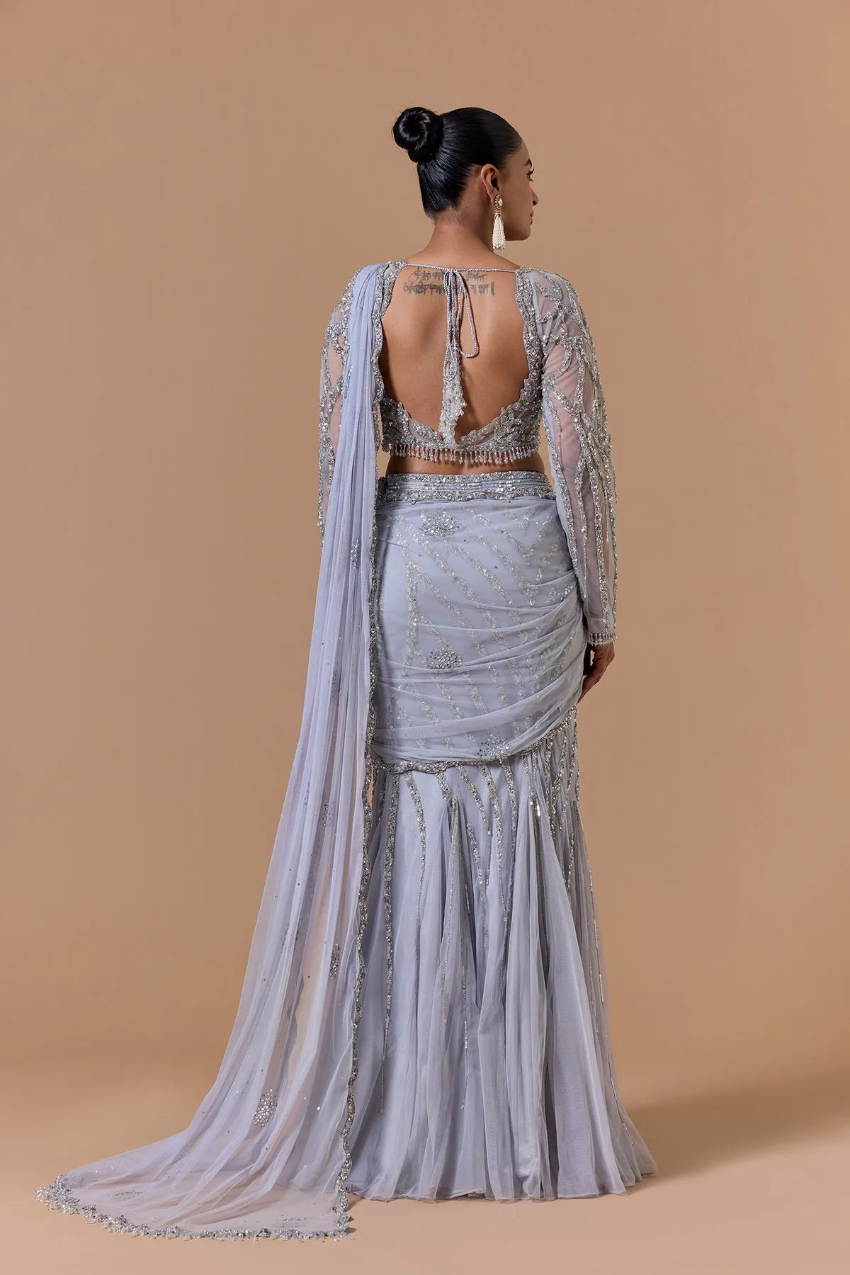 Silver Grey Embellished Pre-Draped Sari