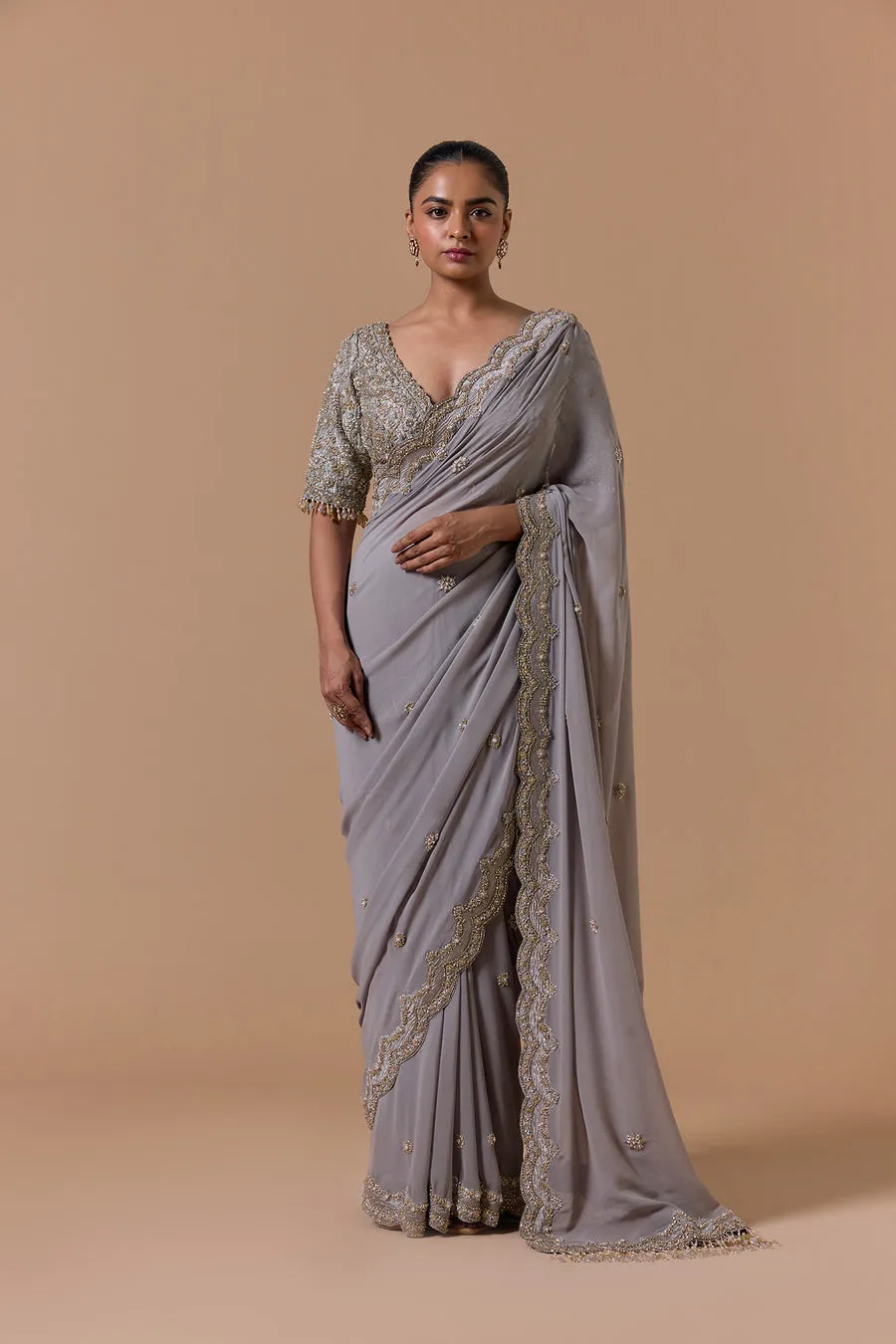Grey Embellished Scallop Border Sari