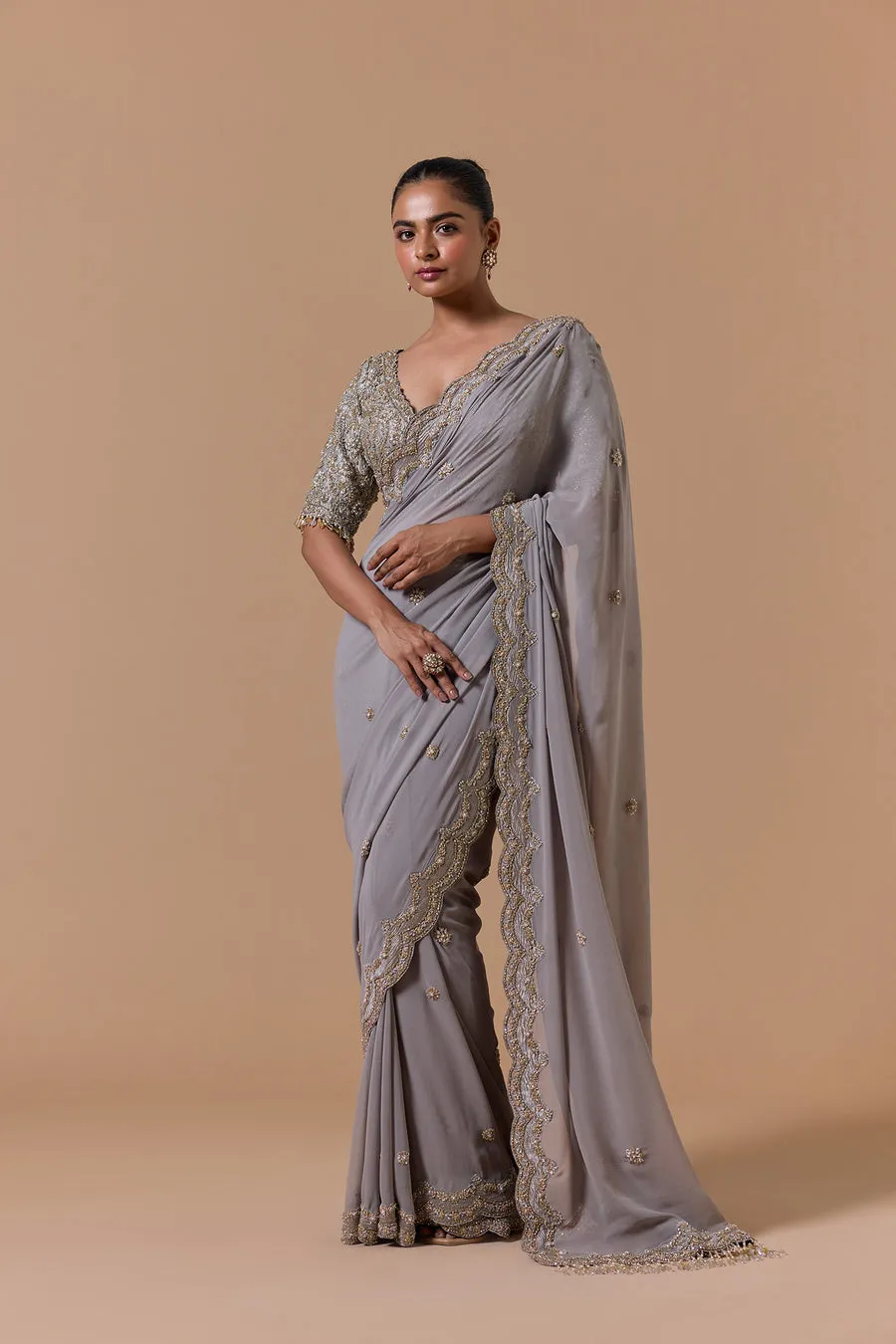 Grey Embellished Scallop Border Sari