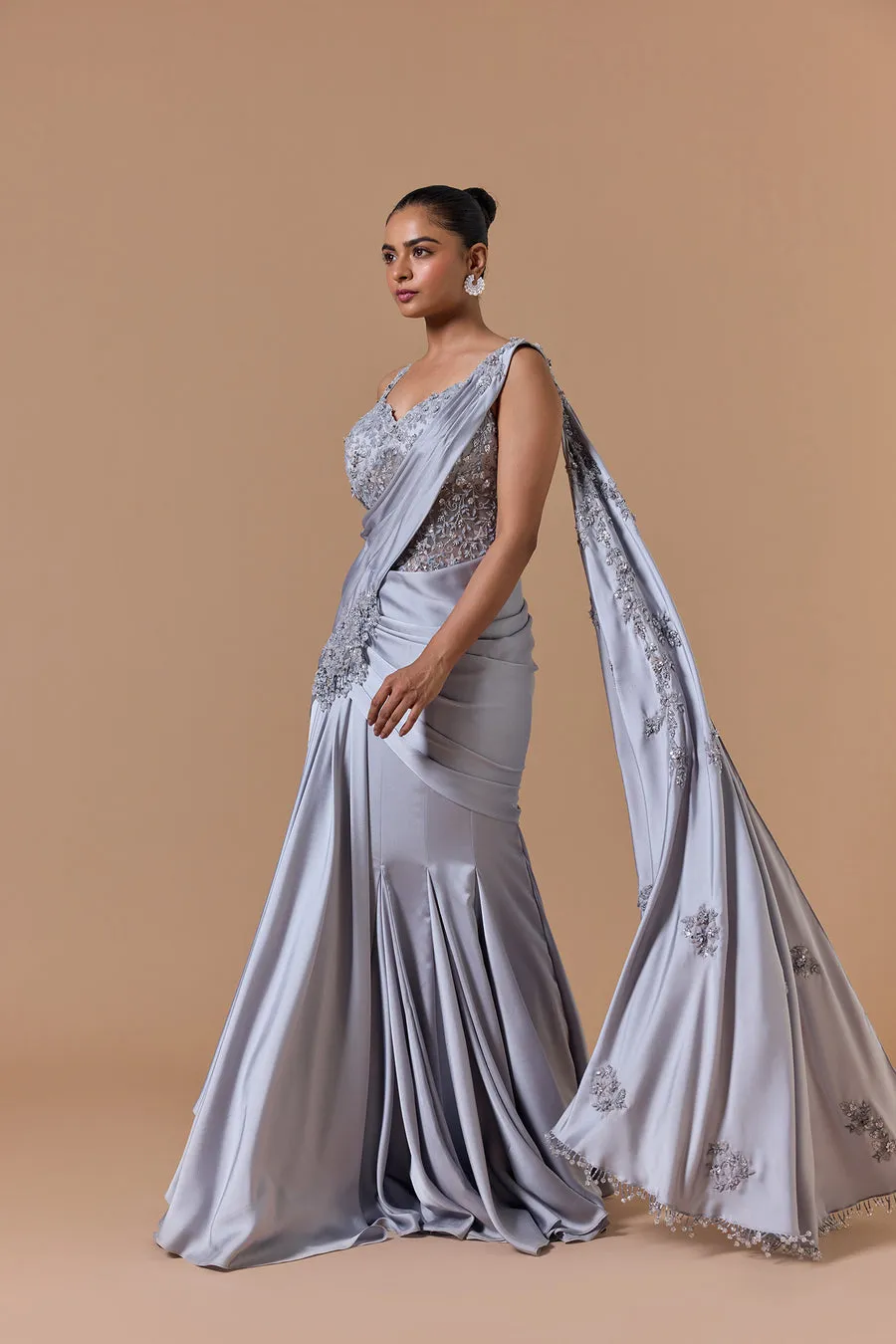 Silver Grey Embellished Contemporary Sari