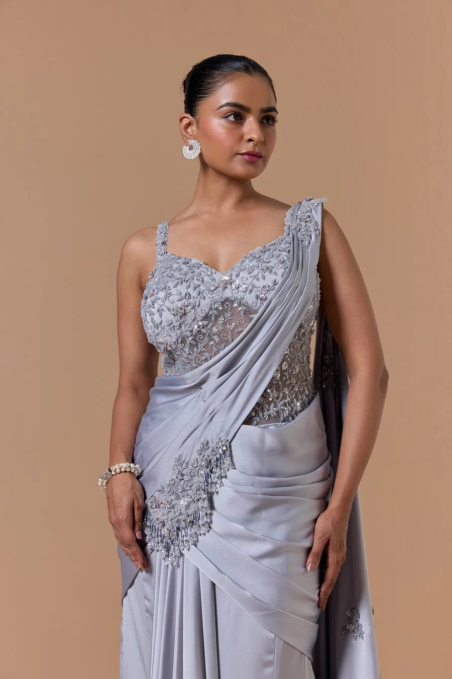 Silver Grey Embellished Contemporary Sari