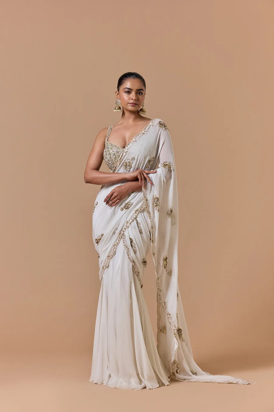 Ivory Embellished Sari with Gold Accents