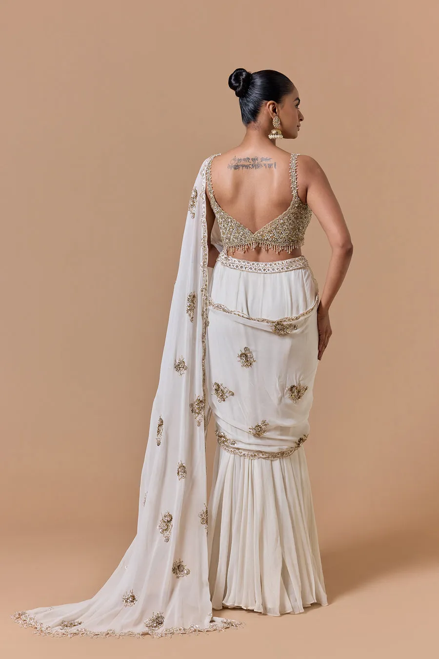Ivory Embellished Sari with Gold Accents