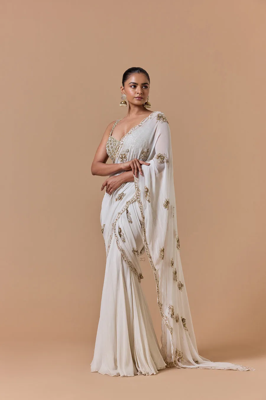 Ivory Embellished Sari with Gold Accents