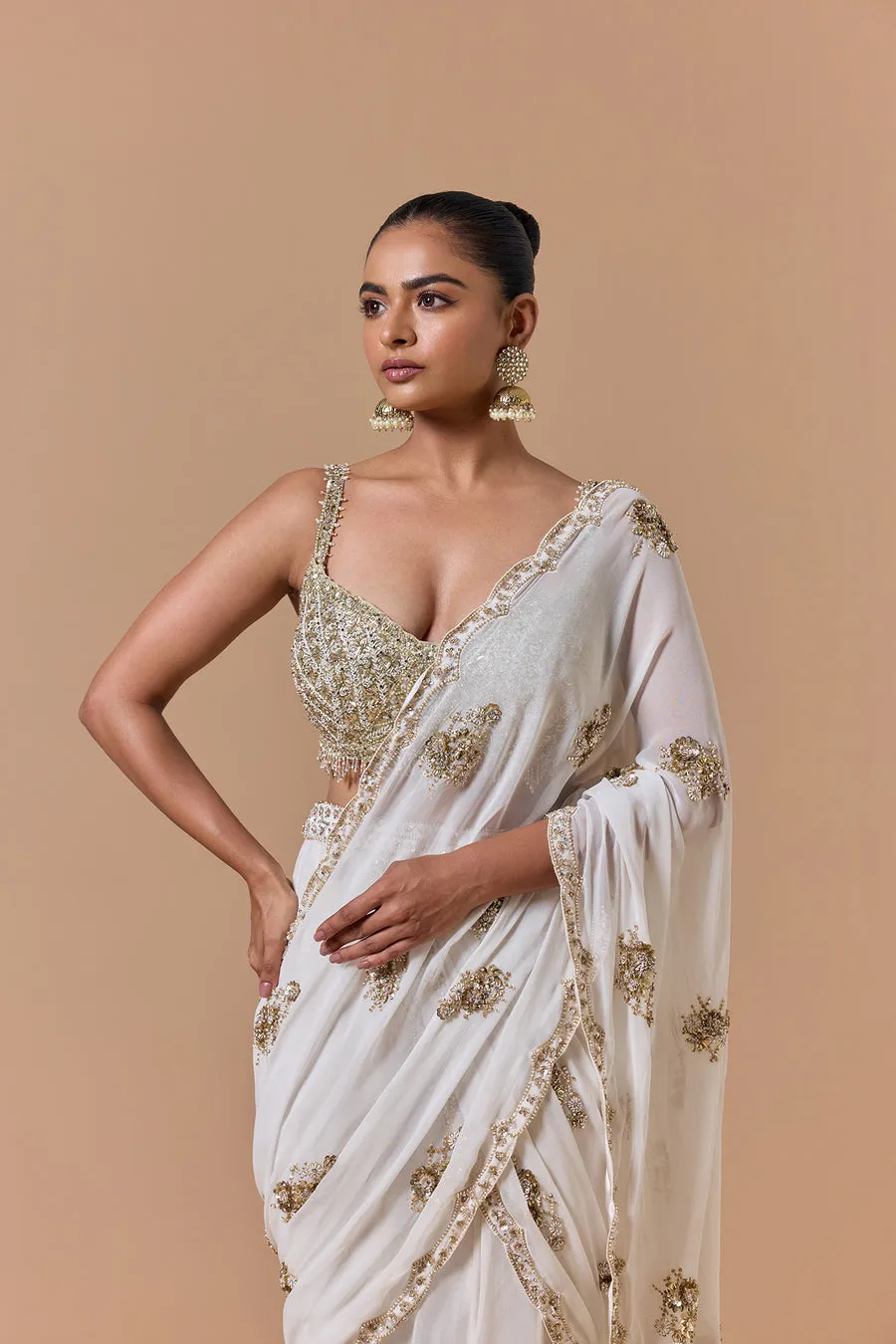 Ivory Embellished Sari with Gold Accents