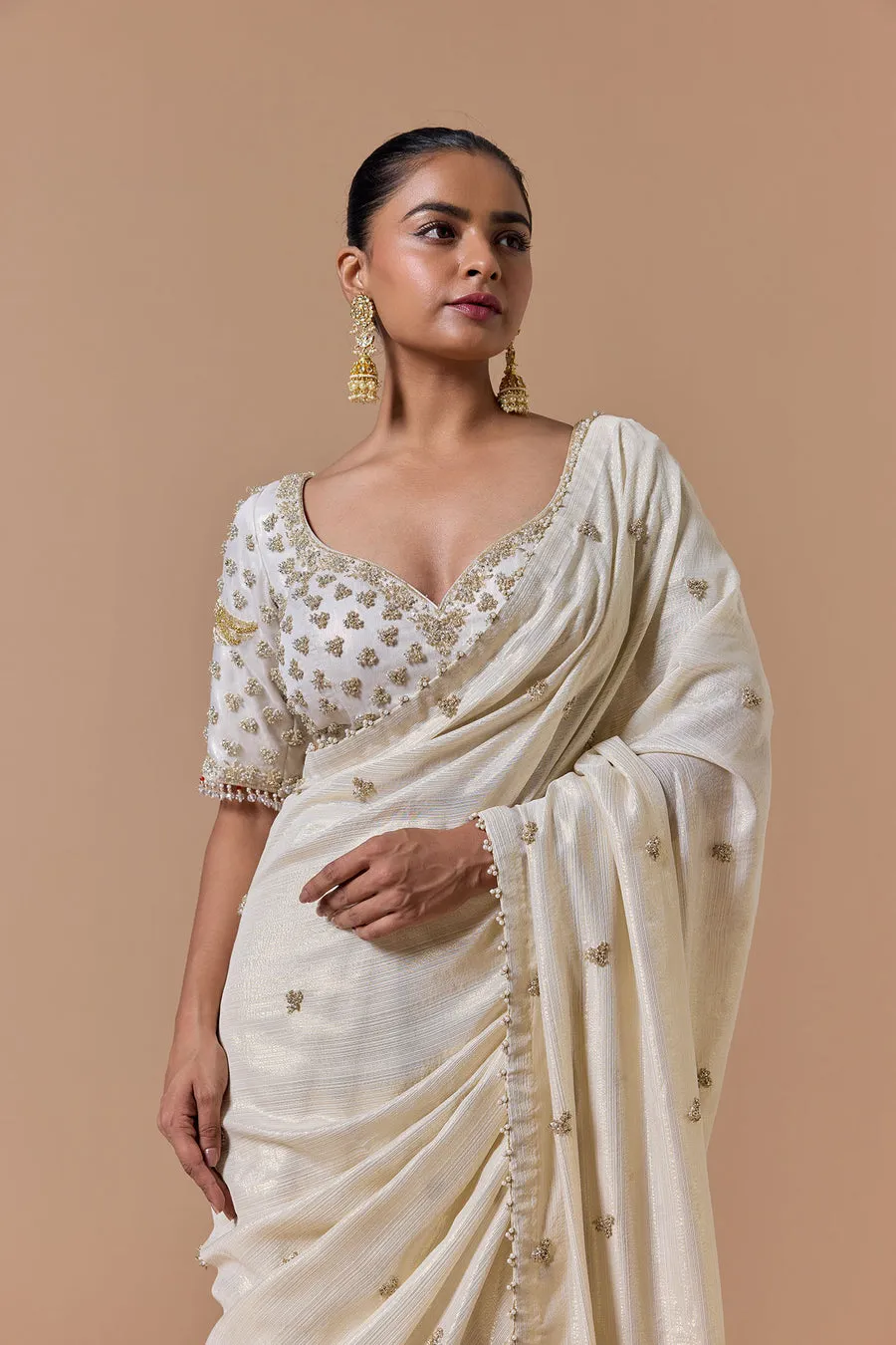 Ivory Gold-Embroidered Sari with Classic Blouse