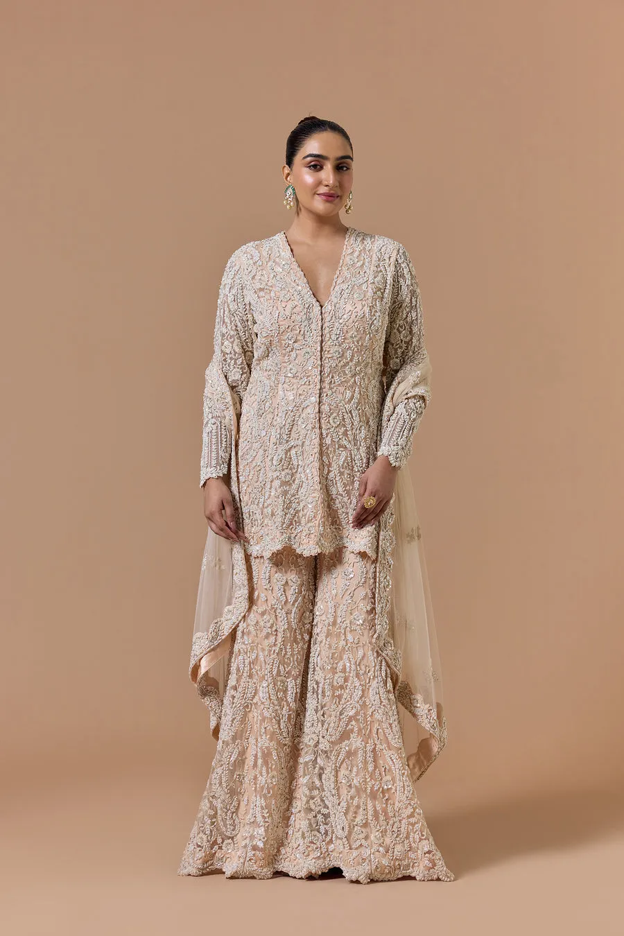 Champagne Embroidered Sharara Set with Longline Kurta