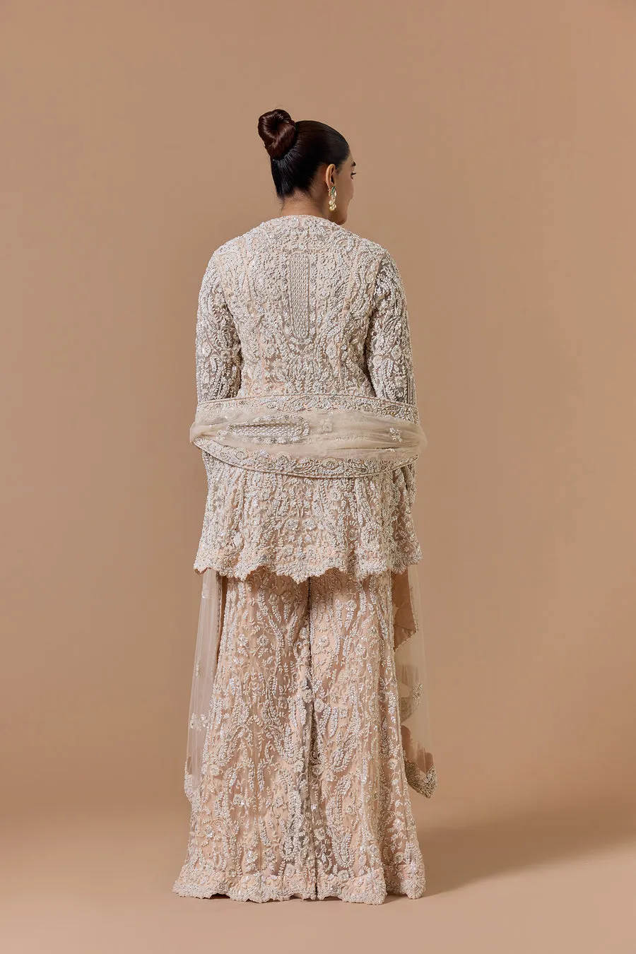 Champagne Embroidered Sharara Set with Longline Kurta
