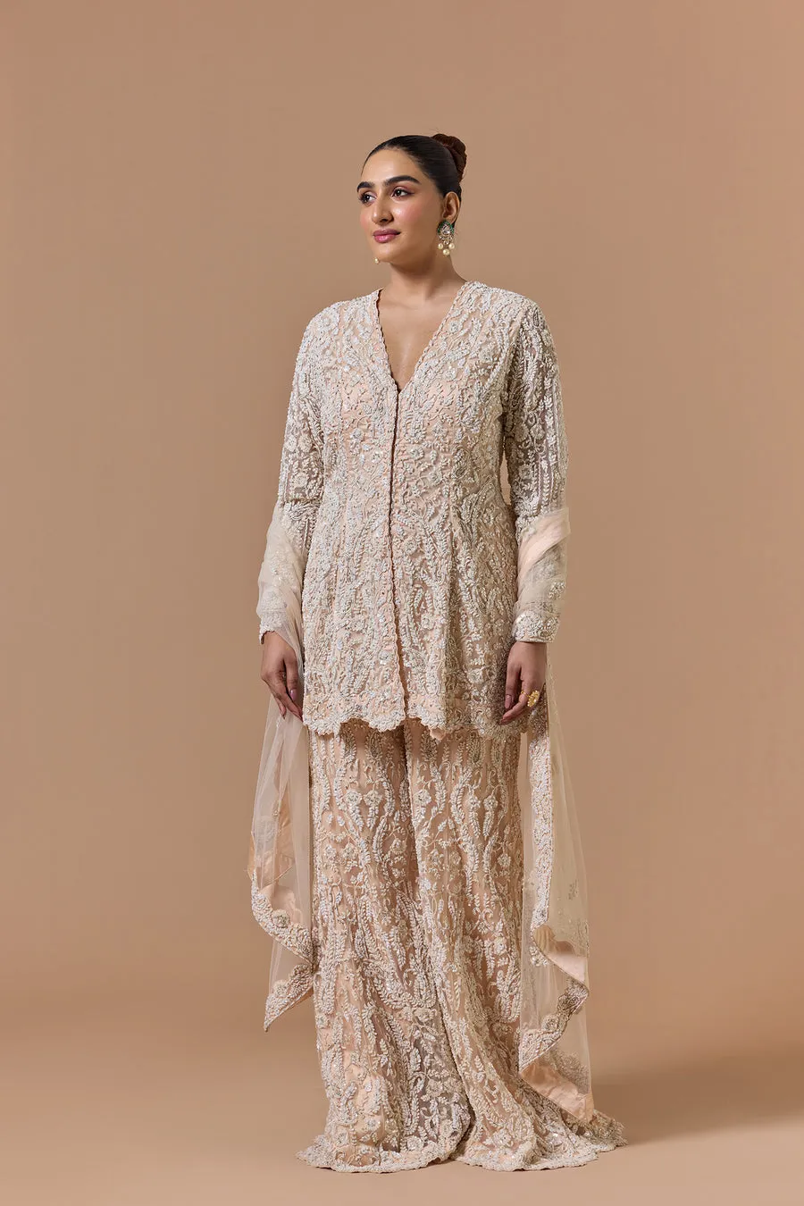 Champagne Embroidered Sharara Set with Longline Kurta