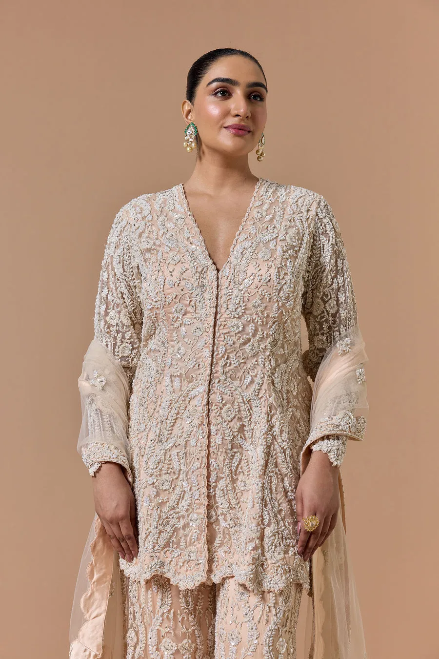 Champagne Embroidered Sharara Set with Longline Kurta