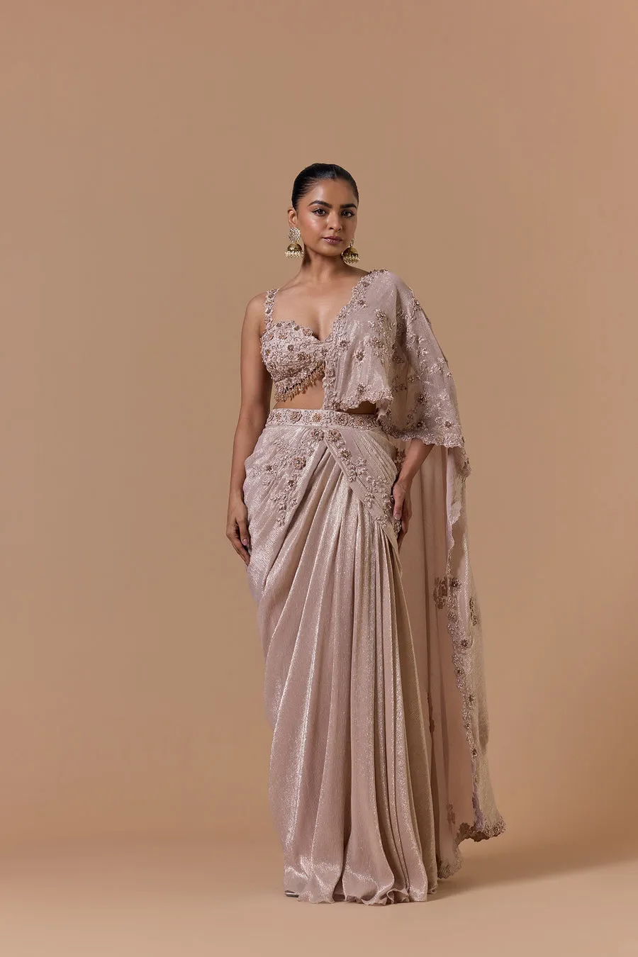 Soft Champagne Embellished Sari with Draped Blouse