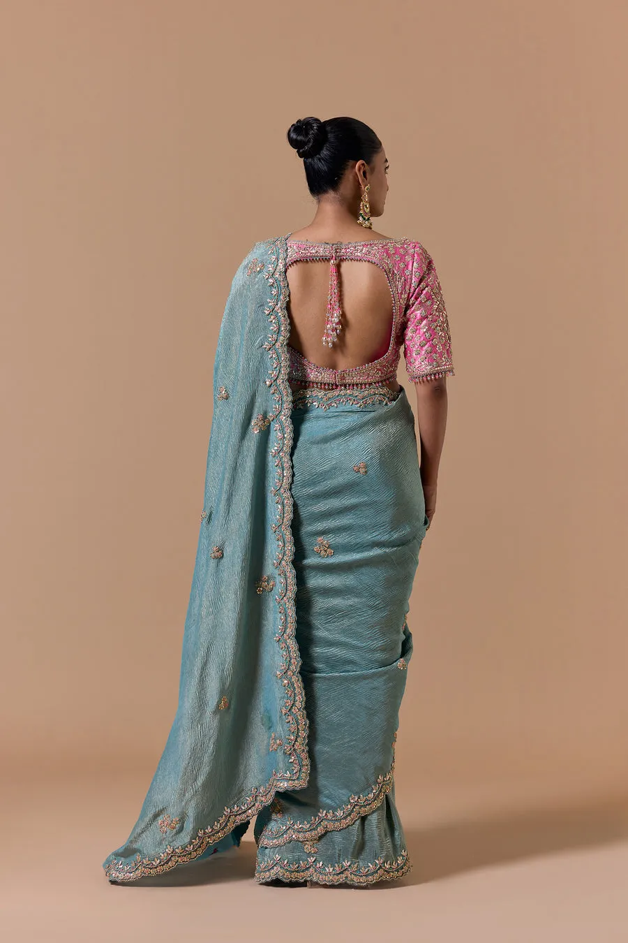 Teal Blue Embroidered Sari with Contrast Blouse