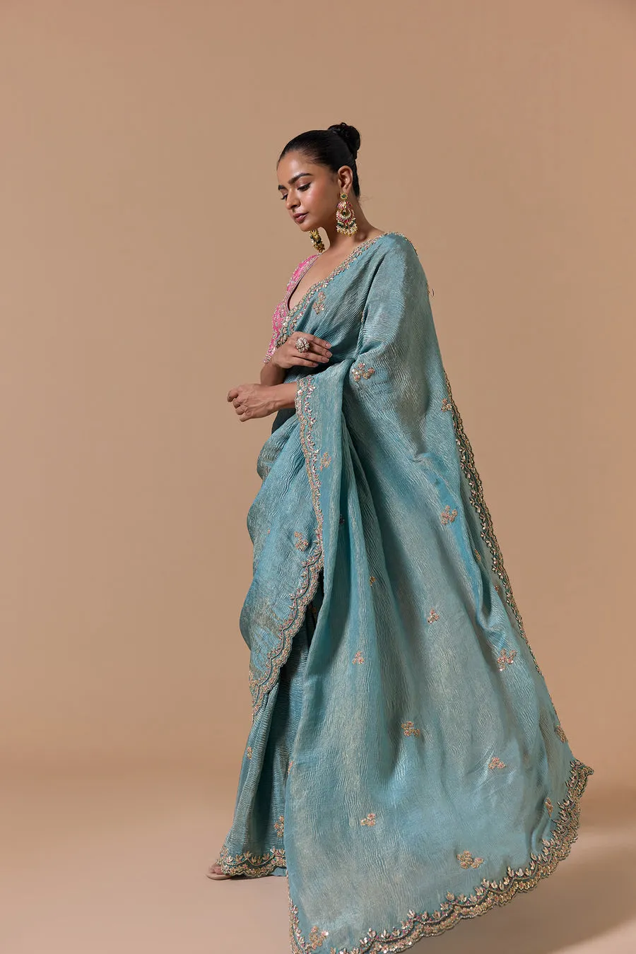 Teal Blue Embroidered Sari with Contrast Blouse