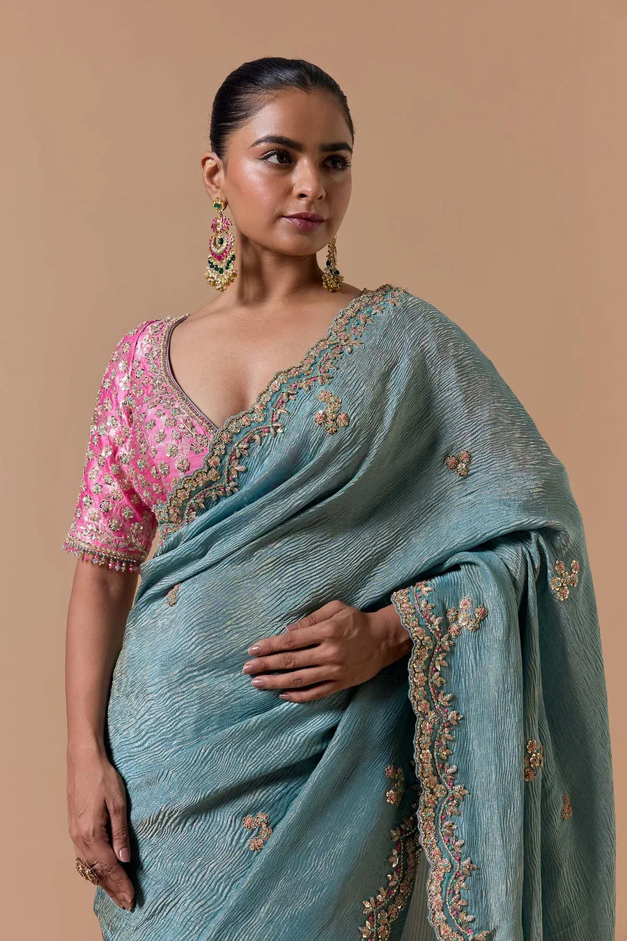 Teal Blue Embroidered Sari with Contrast Blouse