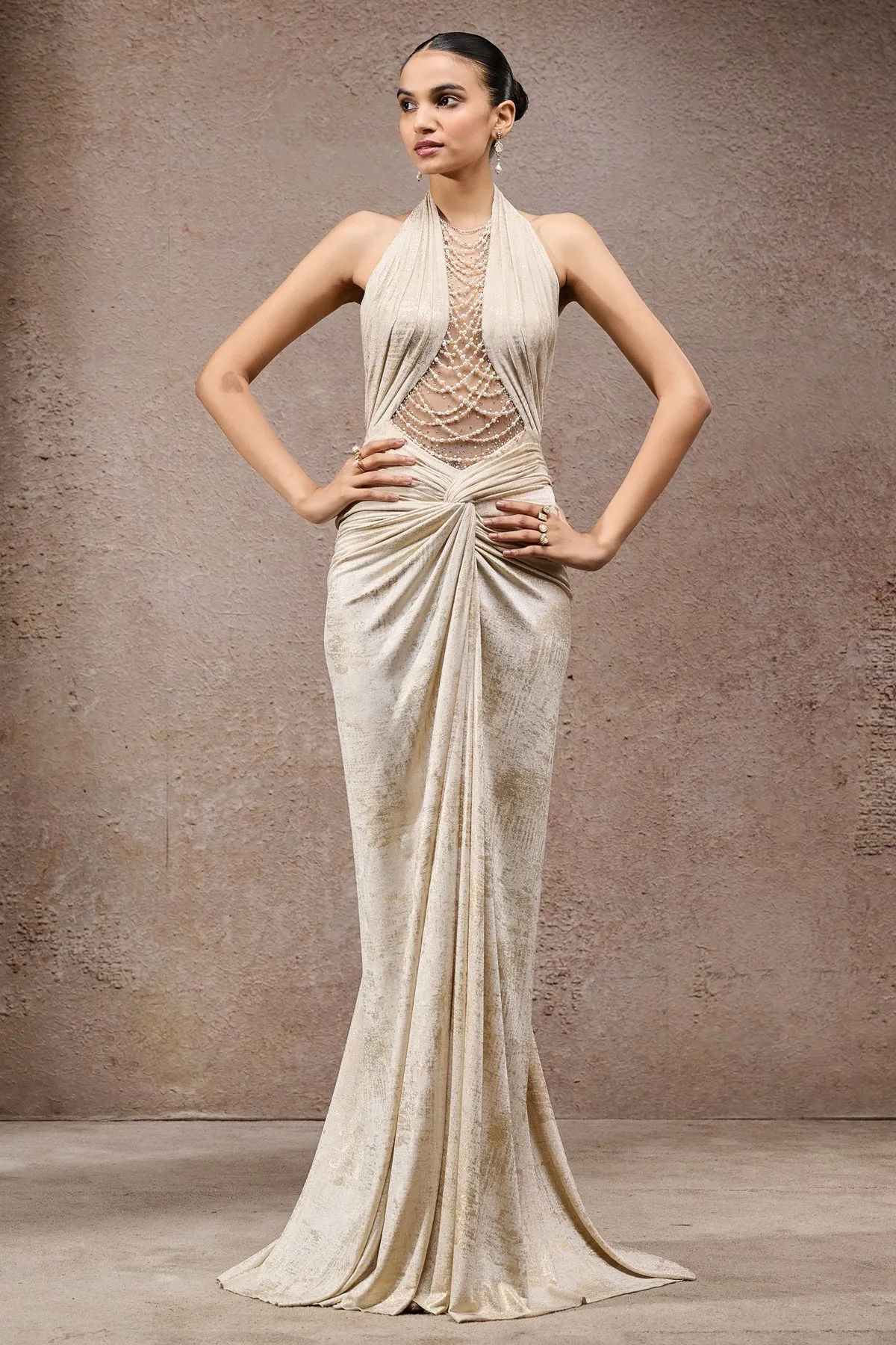 Ivory Gold Draped Halter Gown