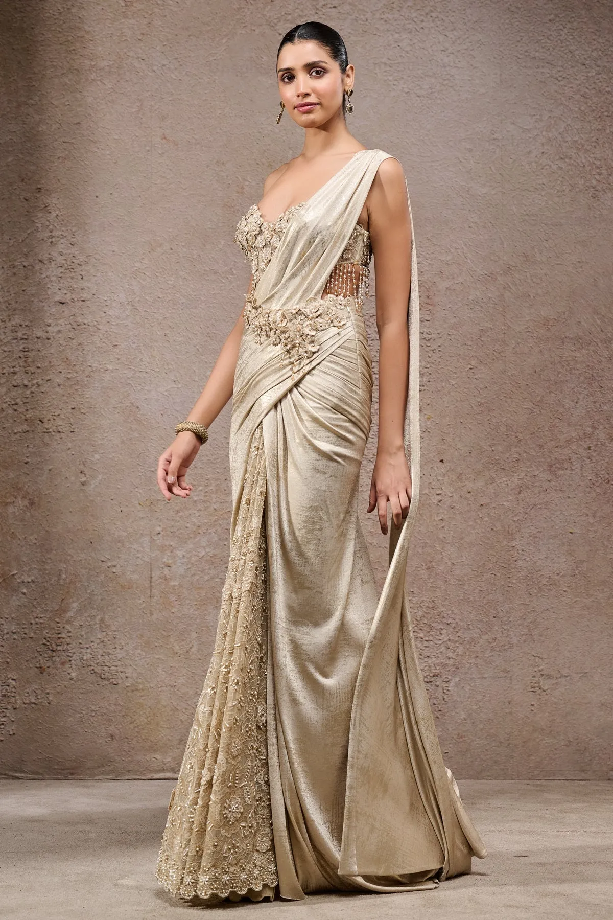 Champagne One-Shoulder Draped Gown with Embellished Bodice