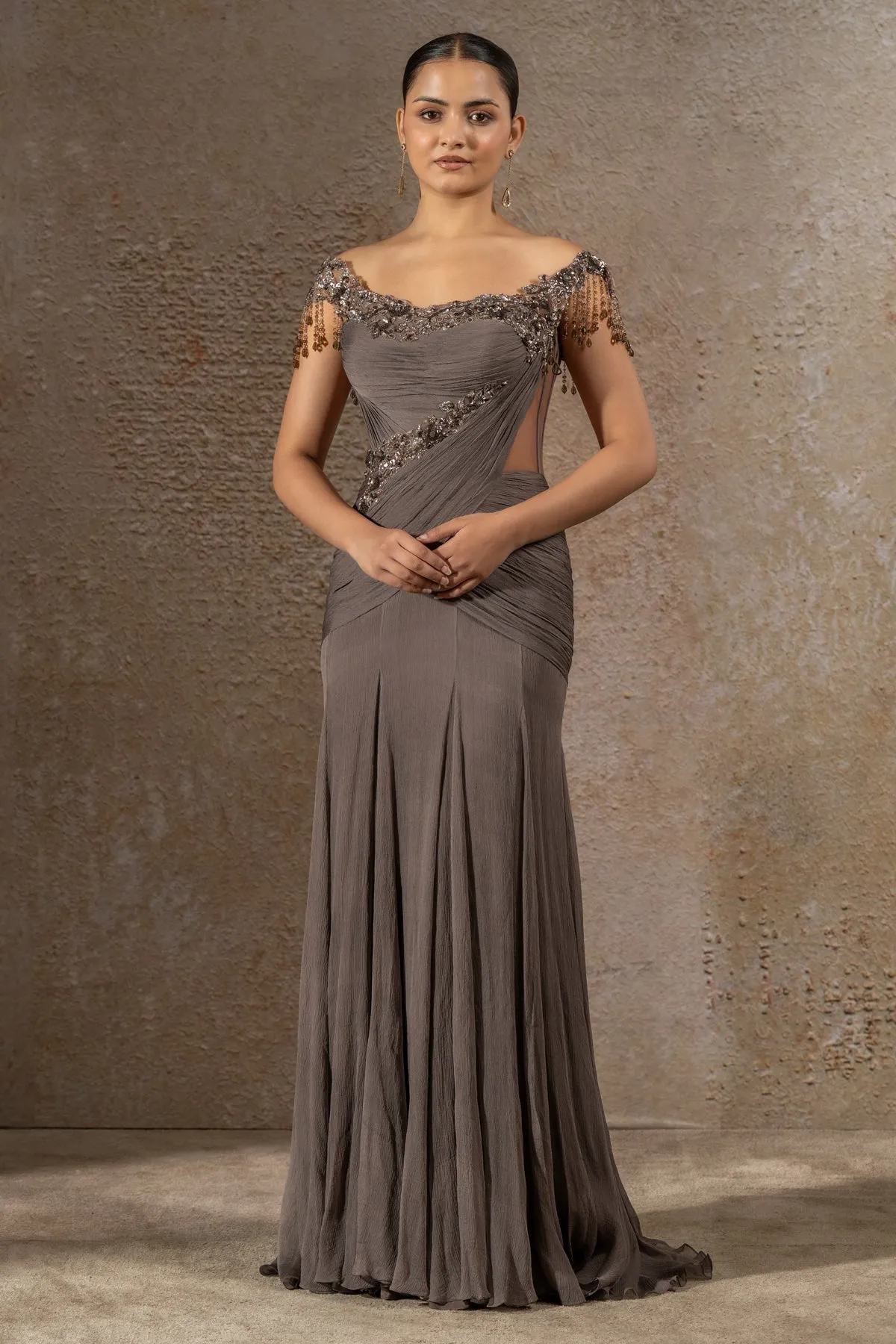 Smoke Grey Embellished Gown with Draped Bodice