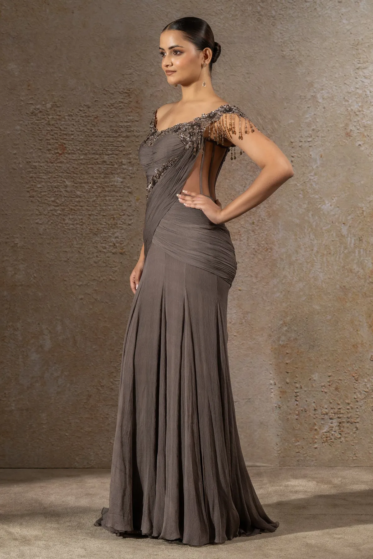 Smoke Grey Embellished Gown with Draped Bodice