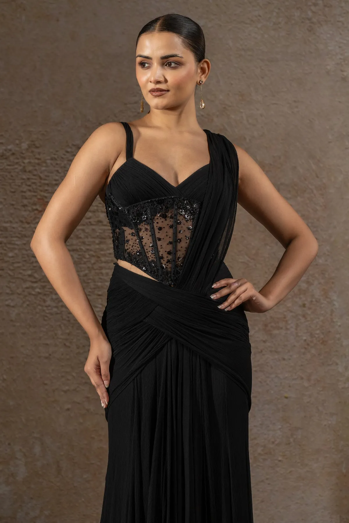 Noir Draped Embellished Gown with Sheer Corset
