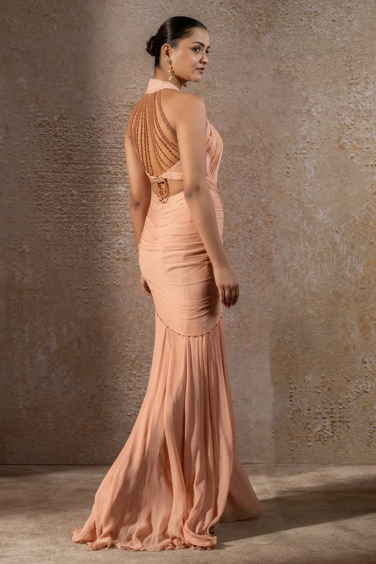Blush Halter Draped Gown with Beaded Cascade Detail
