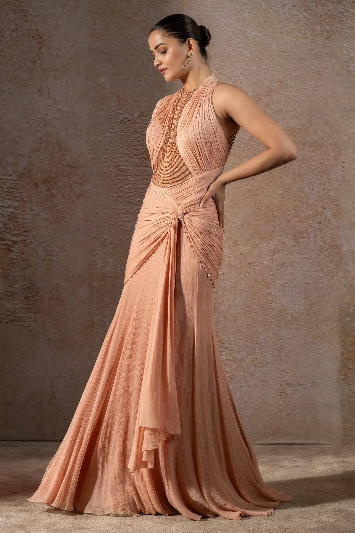 Blush Halter Draped Gown with Beaded Cascade Detail