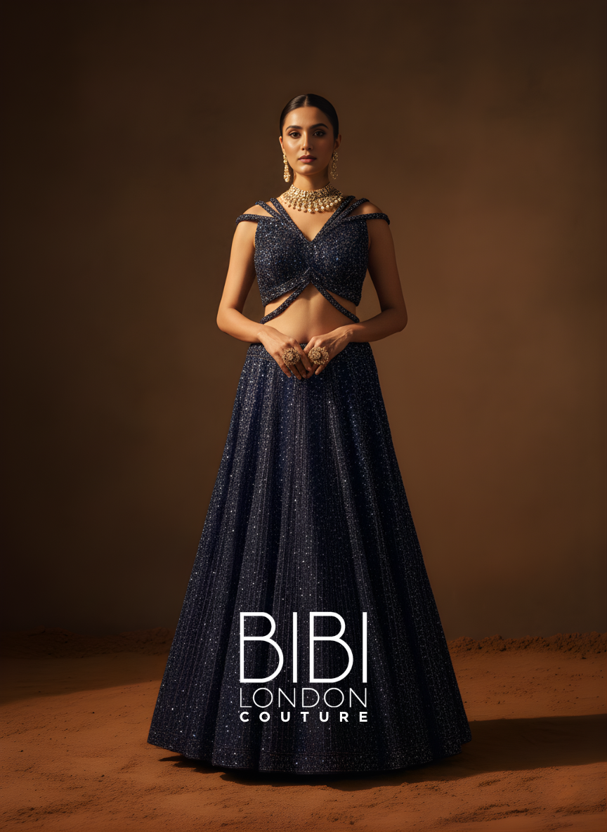 Midnight Navy Lehenga with Sculpted Sequin Embellished Blouse