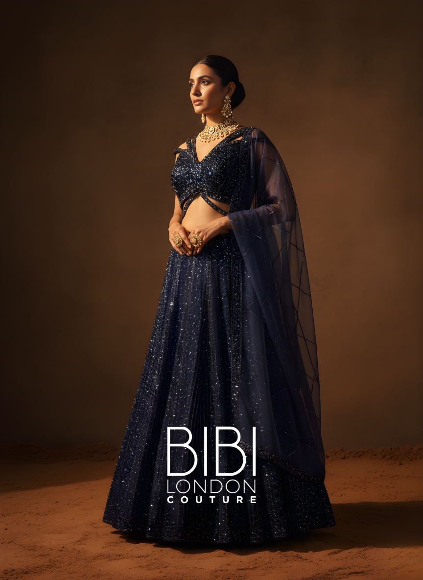 Midnight Navy Lehenga with Sculpted Sequin Embellished Blouse