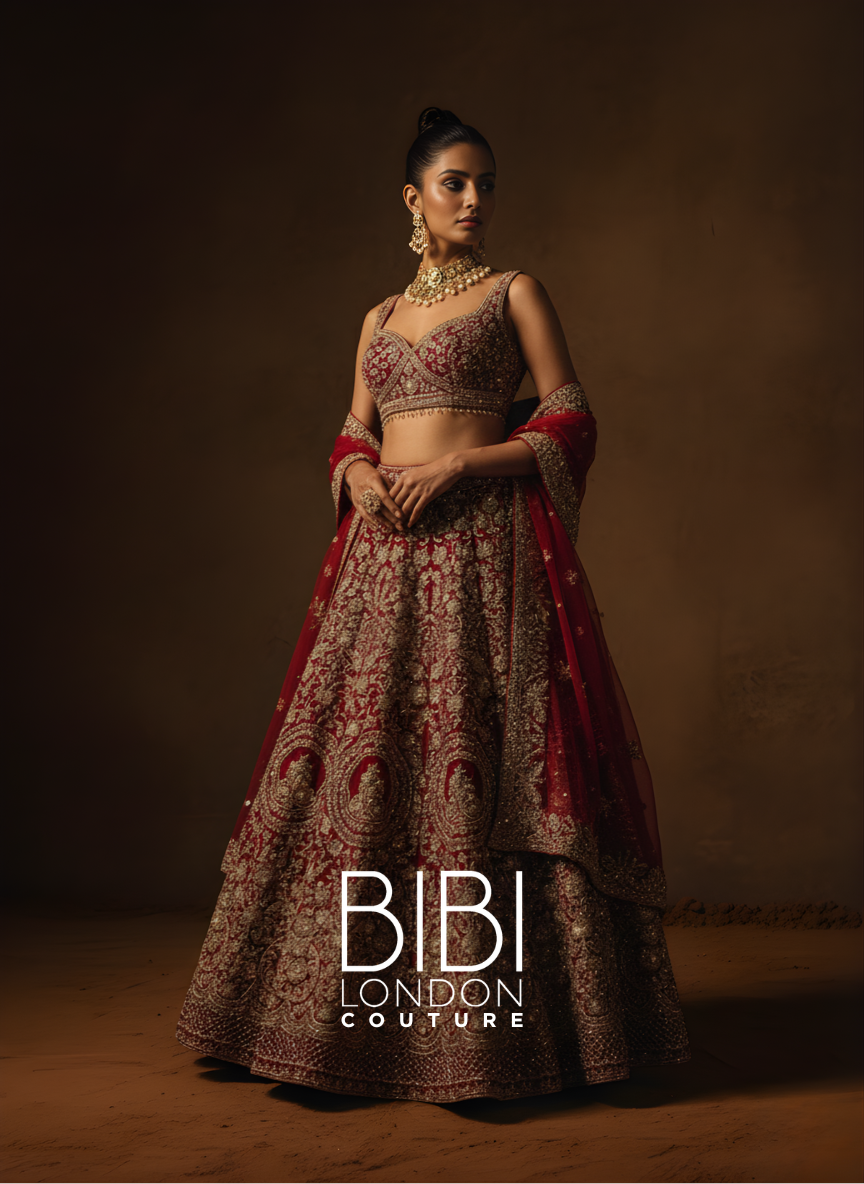 Deep Crimson Lehenga with Antique Gold Zardozi and Paisley Motif Embroidery
