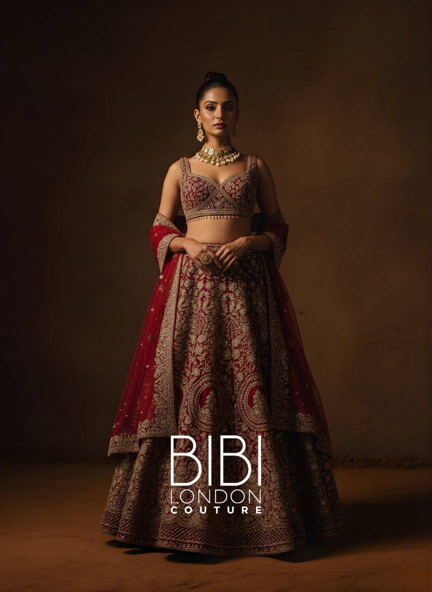 Deep Crimson Lehenga with Antique Gold Zardozi and Paisley Motif Embroidery