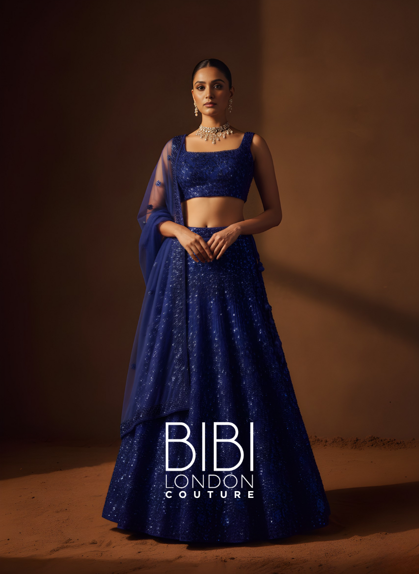 Royal Blue Lehenga with All-Over Sequin Embellishment and Sheer Dupatta
