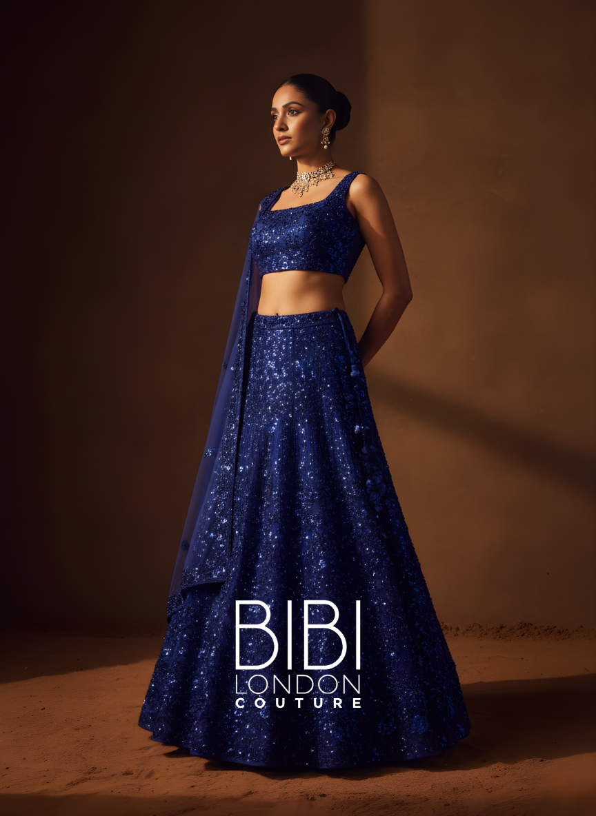 Royal Blue Lehenga with All-Over Sequin Embellishment and Sheer Dupatta