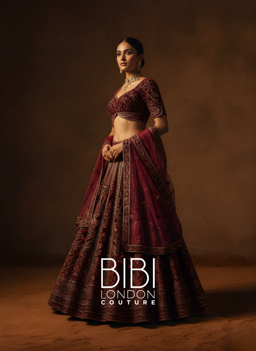 Wine Maroon Lehenga with Antique Gold Zardozi and Ornate Border Embroidery