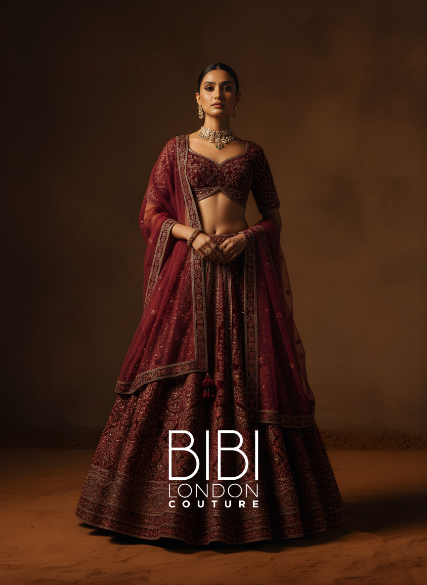 Wine Maroon Lehenga with Antique Gold Zardozi and Ornate Border Embroidery