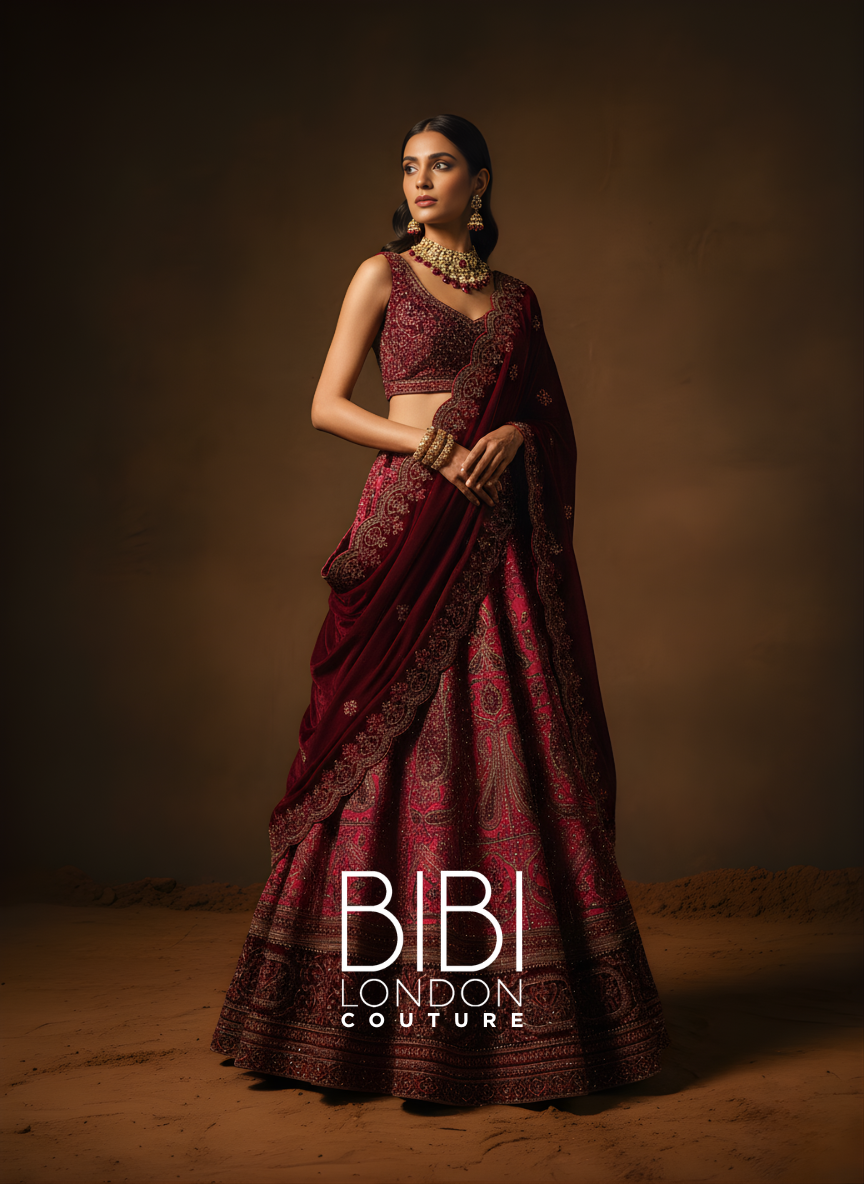 Deep Maroon Lehenga with Antique Gold Zardozi and Paisley Border Embroidery