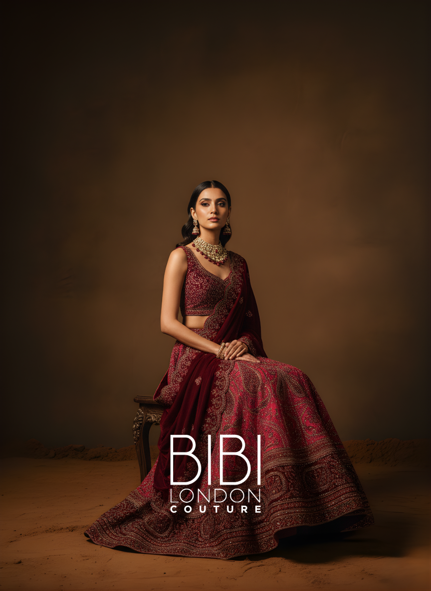 Deep Maroon Lehenga with Antique Gold Zardozi and Paisley Border Embroidery