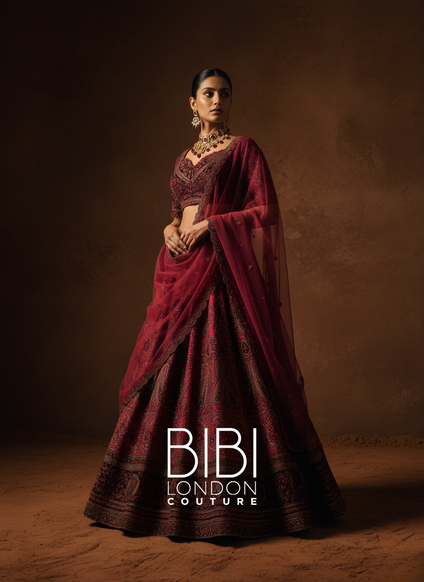 Deep Wine Lehenga with Antique Gold Zardozi and Intricate Paisley Embroidery