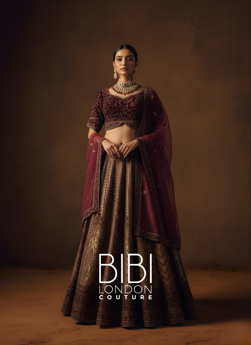 Burgundy Lehenga with Antique Gold Zardozi and Chevron Motif Embroidery