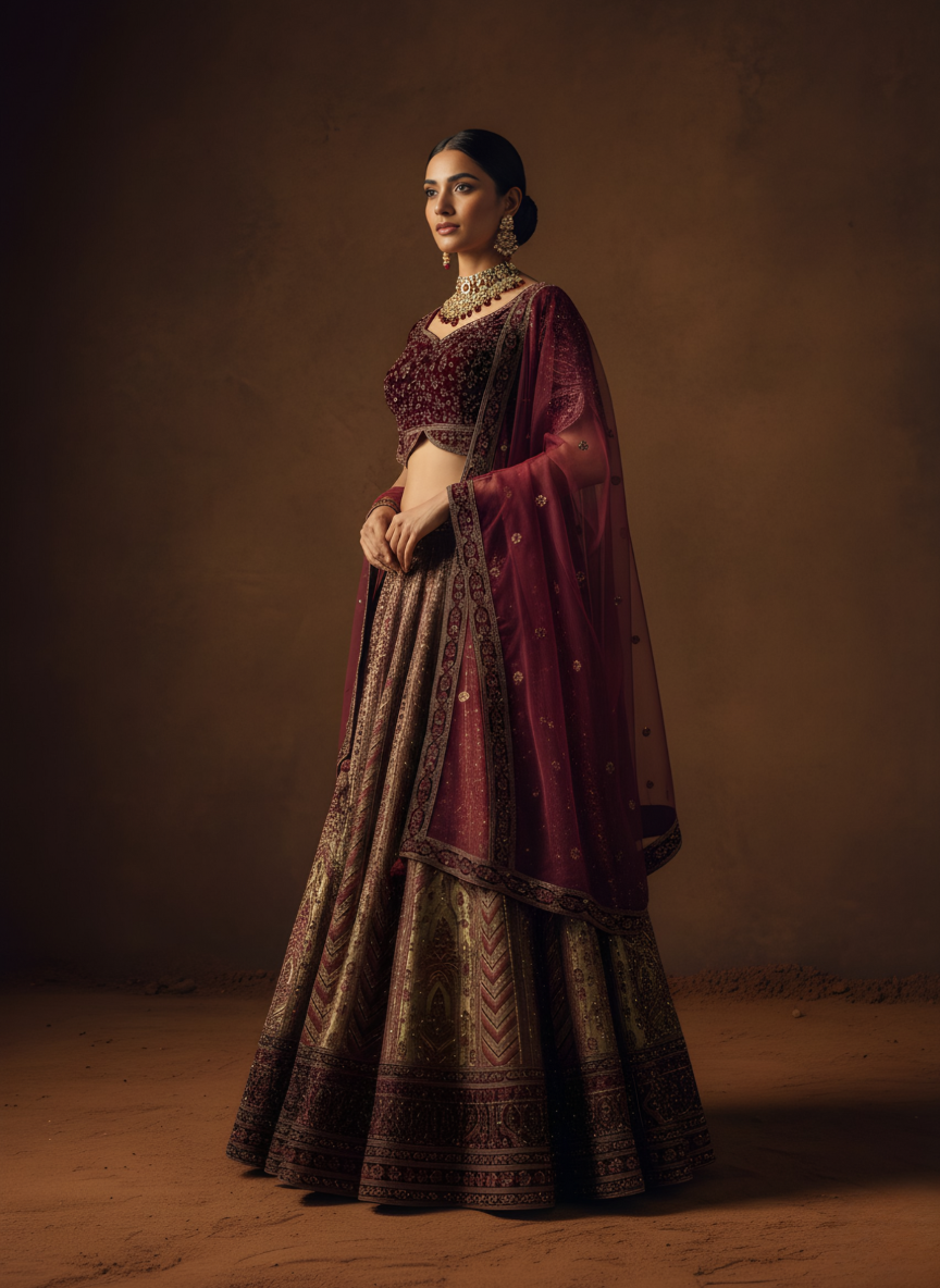 Burgundy Lehenga with Antique Gold Zardozi and Chevron Motif Embroidery