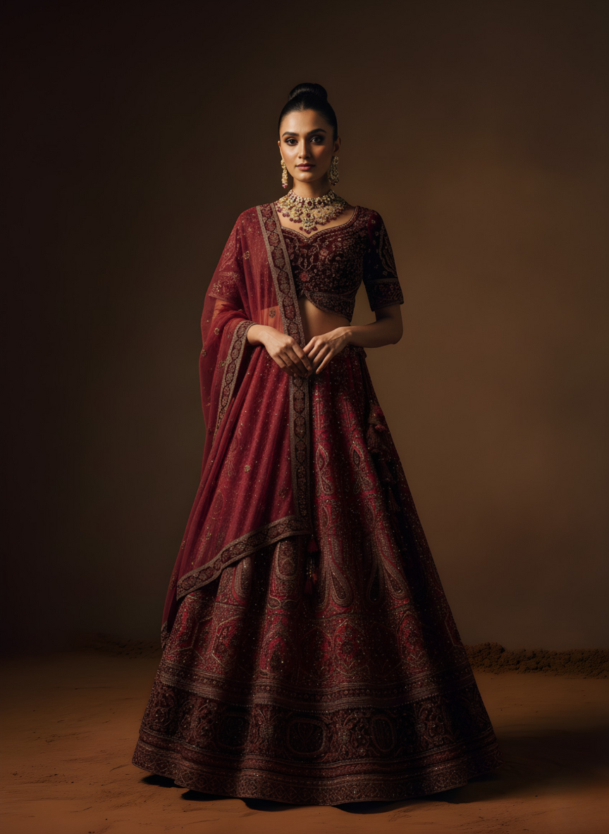 Deep Maroon Lehenga with Antique Gold Zardozi and Paisley Motif Embroidery