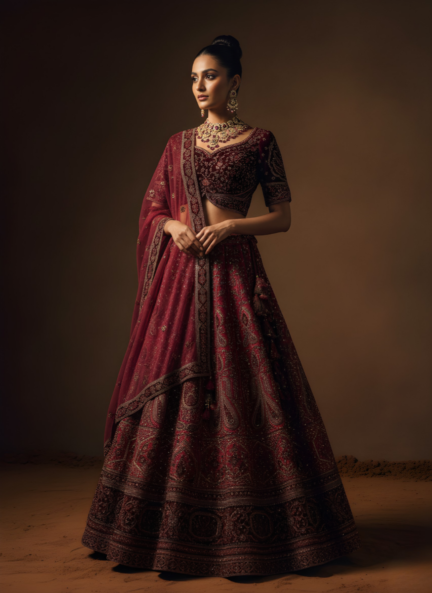 Deep Maroon Lehenga with Antique Gold Zardozi and Paisley Motif Embroidery