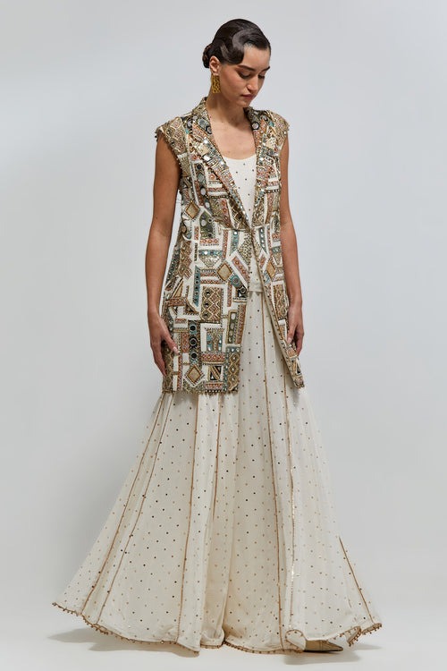 Ivory Sharara Set with Hand-Embellished Geometric Zardozi Jacket
