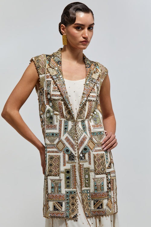 Ivory Sharara Set with Hand-Embellished Geometric Zardozi Jacket