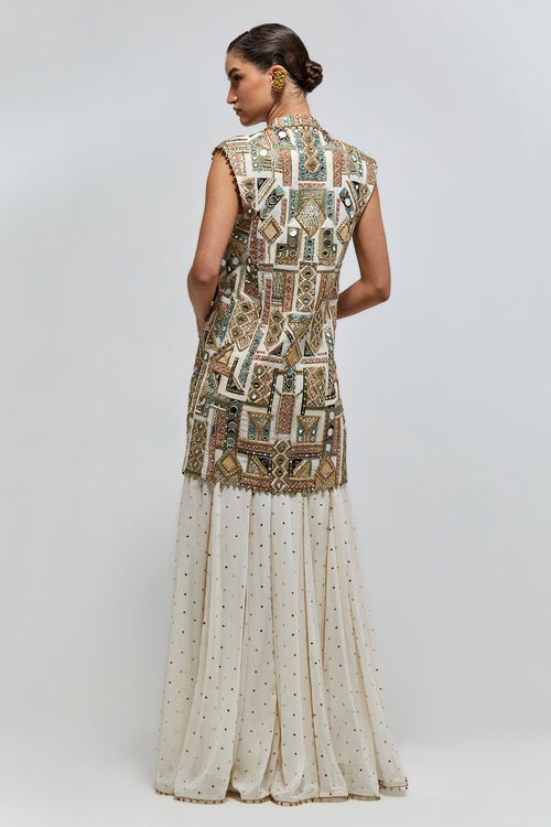 Ivory Sharara Set with Hand-Embellished Geometric Zardozi Jacket